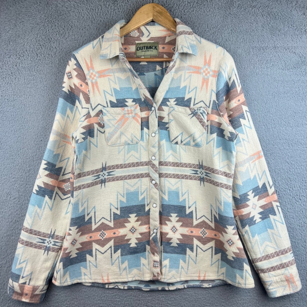 Outback Trading Co Womens Medium Southwestern Aztec Snap Front Shirt Blue Peach